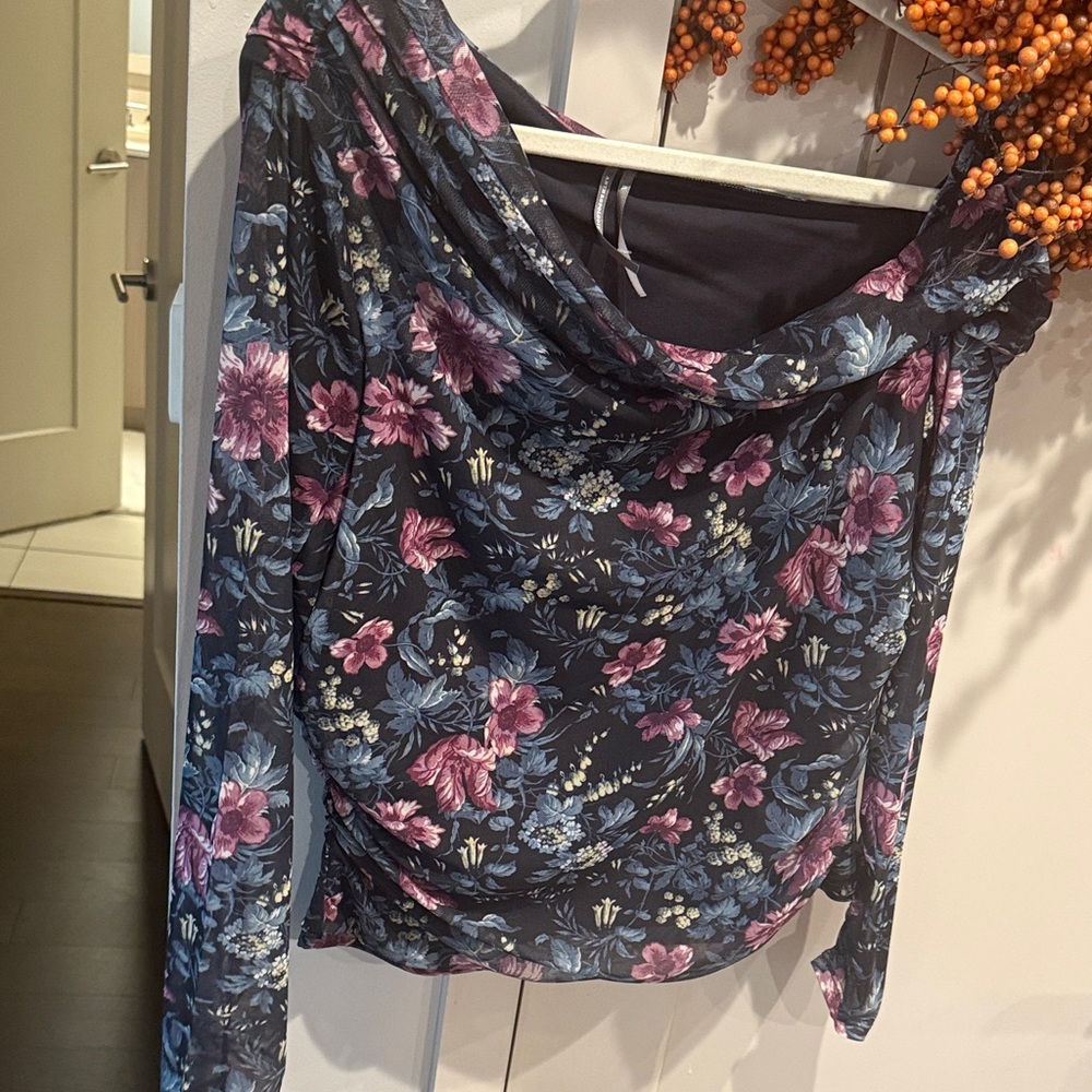 Anthropologie Floral Long Sleeve Blouse - Navy and Pink